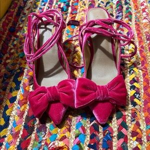 ASOS Pink Velvet Pointed-Toe Bow Lace-Up Flats - Women